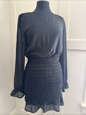 Divided Black Smocked Mini Skirt with Sheer Long Sleeves